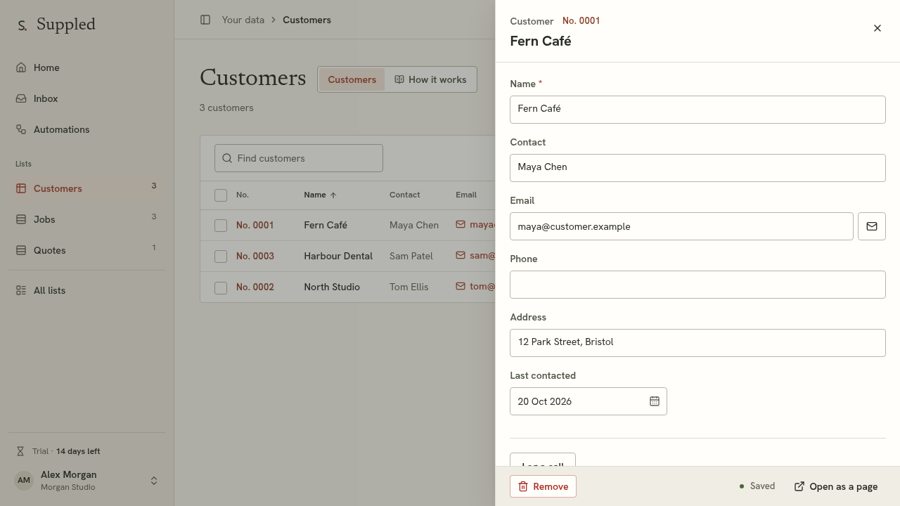 Configured customer record showing Log a call and Last contacted
