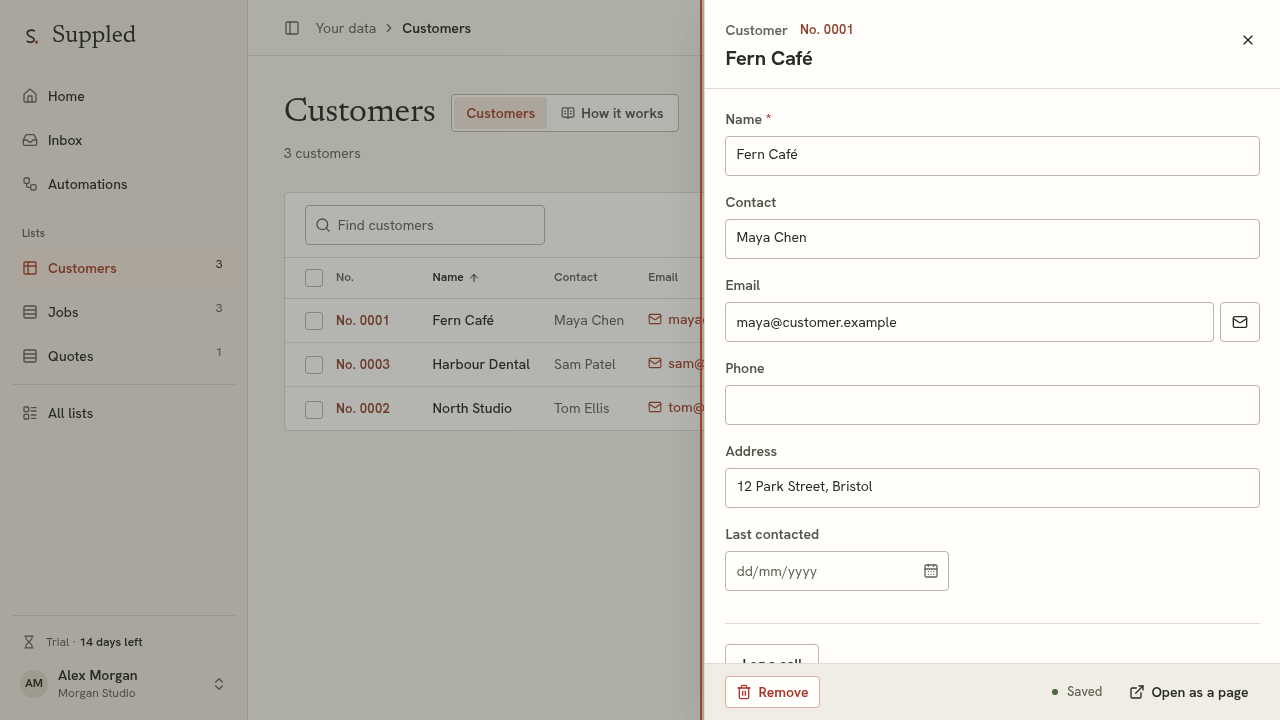 Fern Café’s real customer editor, with Maya Chen’s sample contact details