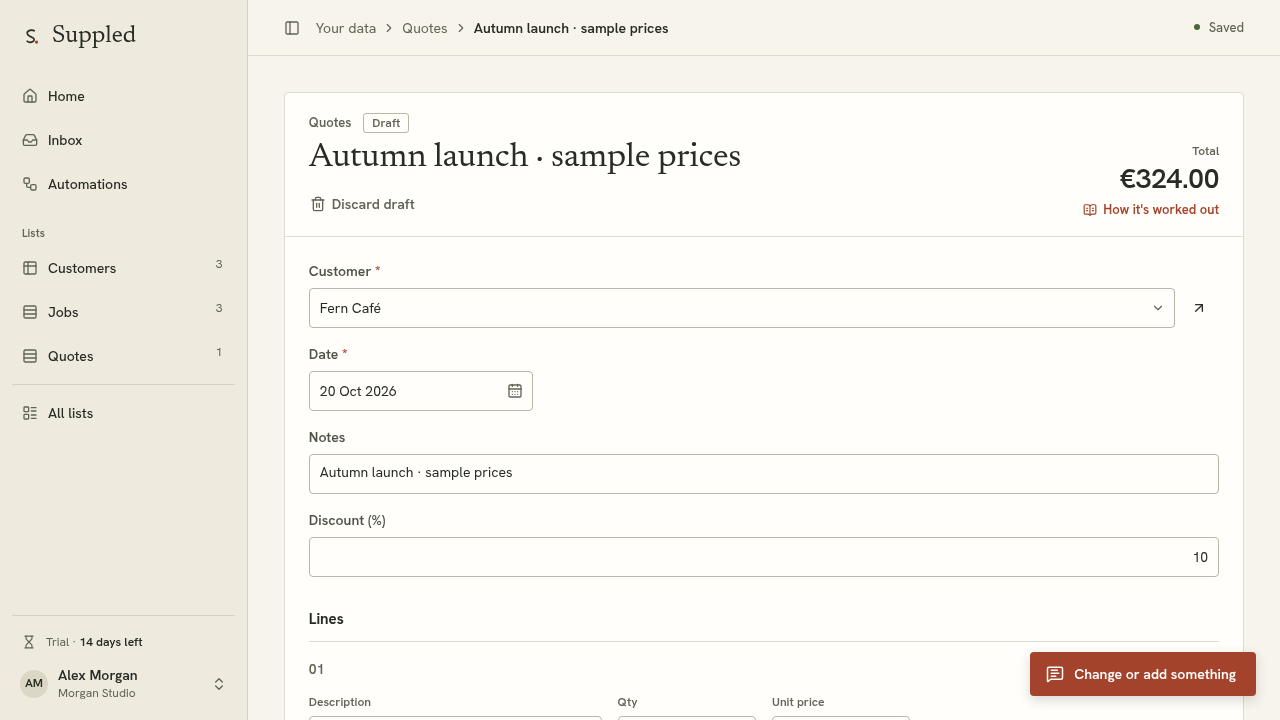 Actual configured quote comparing a quote before and after a configured discount change