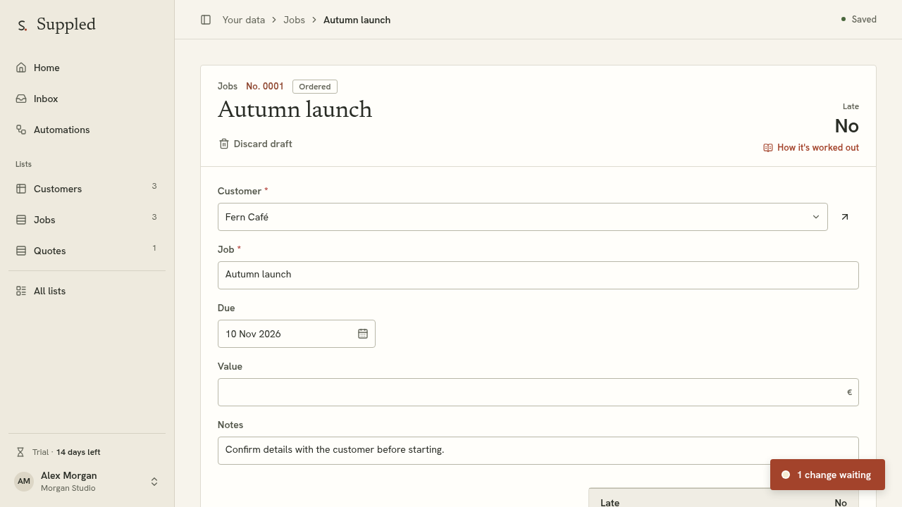 Autumn launch job linked to Fern Café, an example of ordinary customer-linked work