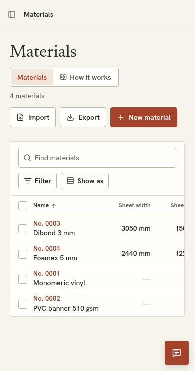 The sign starter’s actual material price list