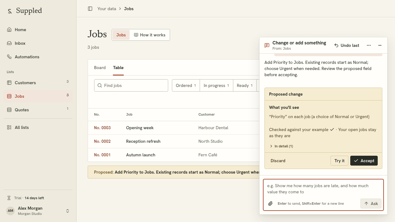 Ask for a change in the configured Suppled example
