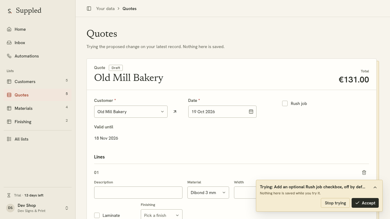 Try the changed quote in the configured Suppled example
