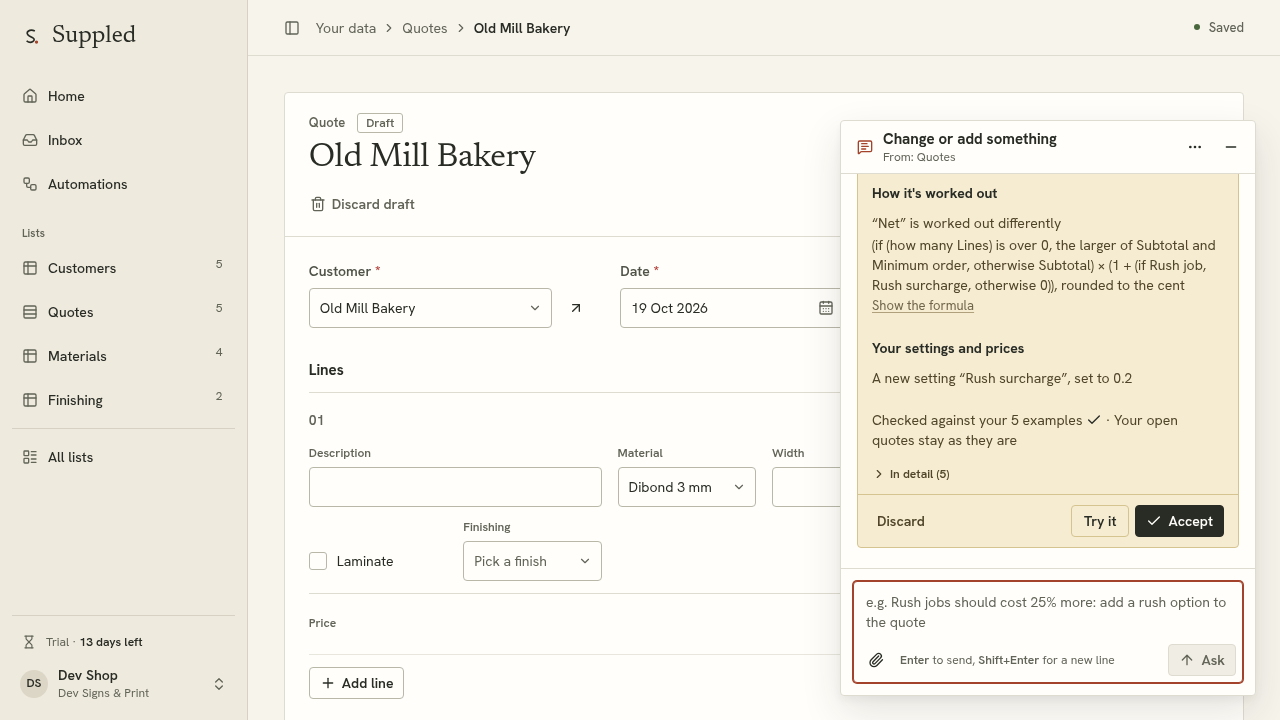Ask for a rush option in the configured Suppled example