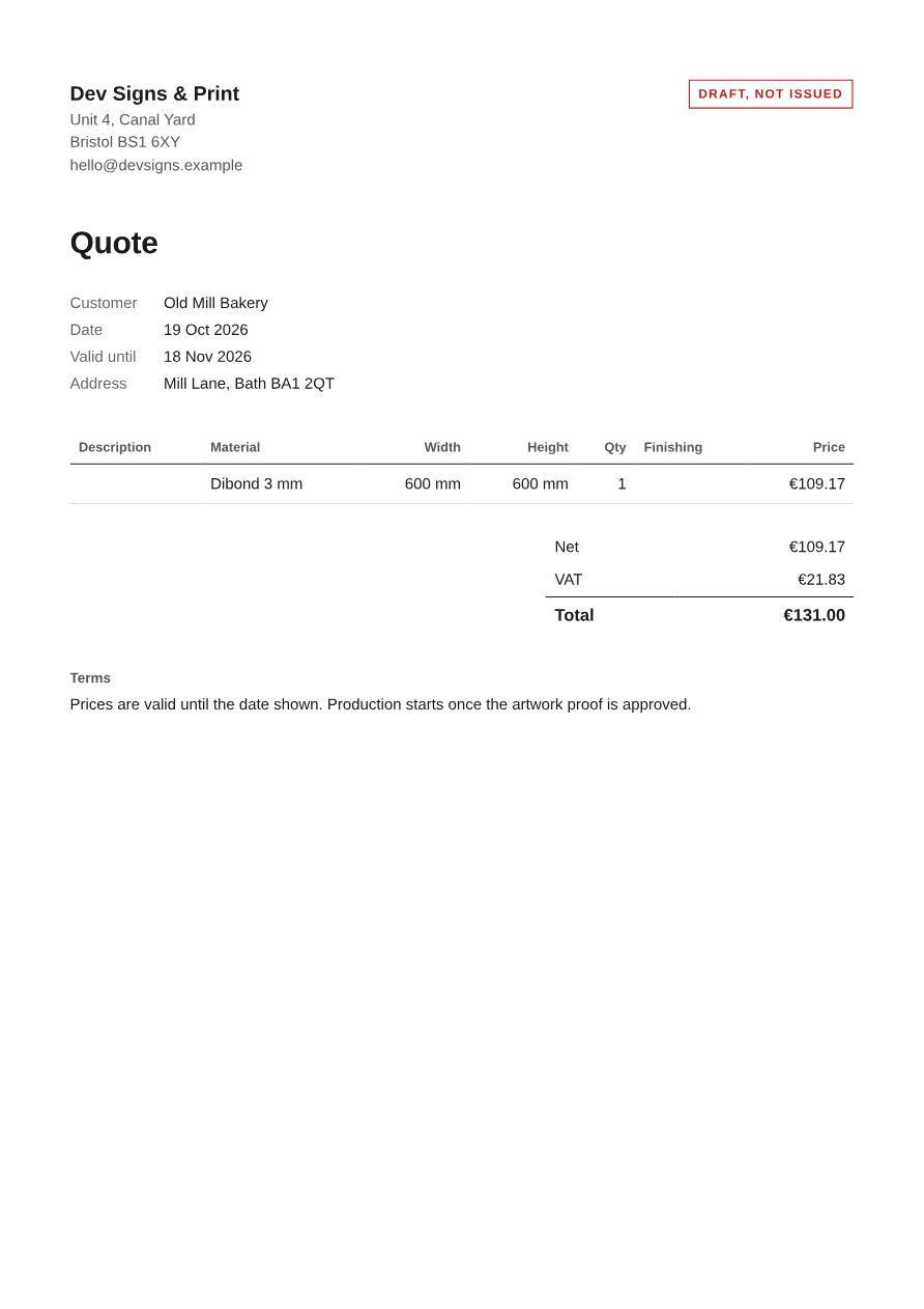 The resulting actual quote document